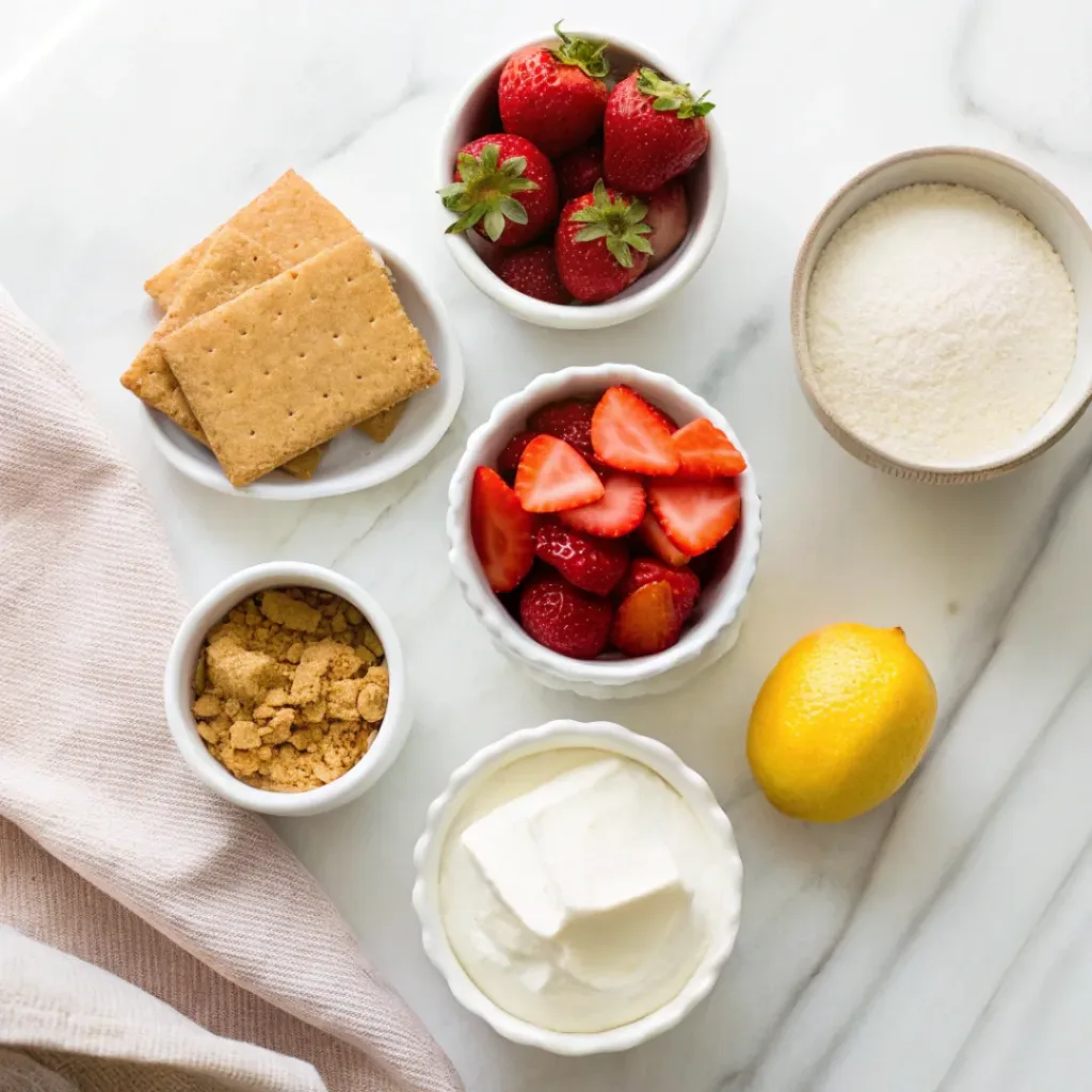 Fresh strawberries, cream cheese, graham cracker crumbs, butter, sugar, heavy cream, vanilla extract, and lemon juice arranged for making no-bake strawberry cheesecake.