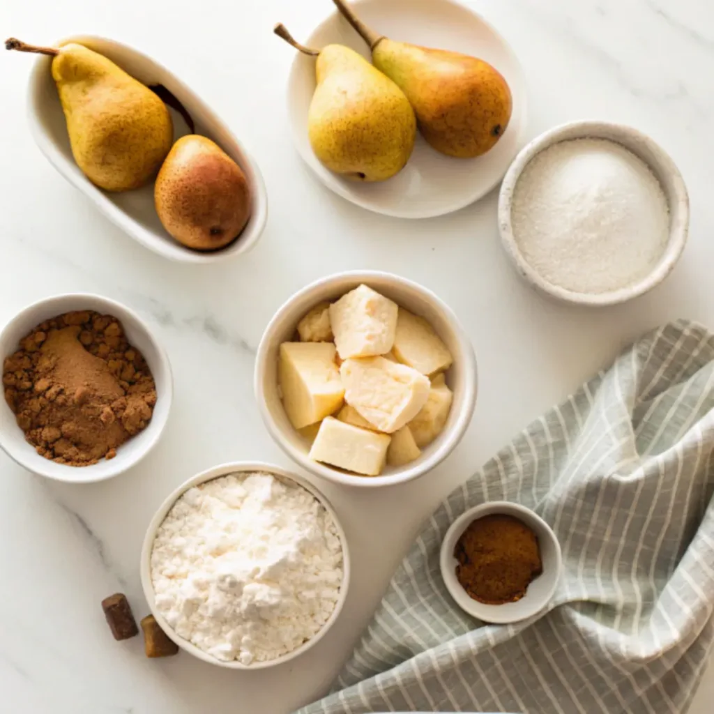 Pear Cobbler - Warm and Easy Old-Fashioned Autumn Dessert 6 Fresh pears, flour, butter, brown sugar, granulated sugar, cinnamon, nutmeg, baking powder, milk, vanilla, and salt arranged for making pear cobbler.