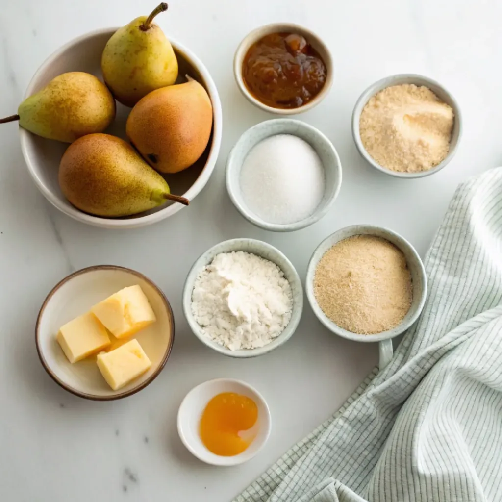 Pear Upside Down Cake - Beautifully Sweet and Golden Autumn Dessert 6 Fresh pears, flour, butter, eggs, brown sugar, milk, vanilla, cinnamon, baking powder, and salt arranged for making pear upside down cake.
