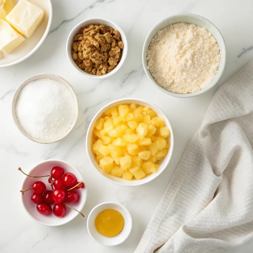 Crushed pineapple, yellow cake mix, butter, brown sugar, and optional chopped pecans arranged for making pineapple dump cake.