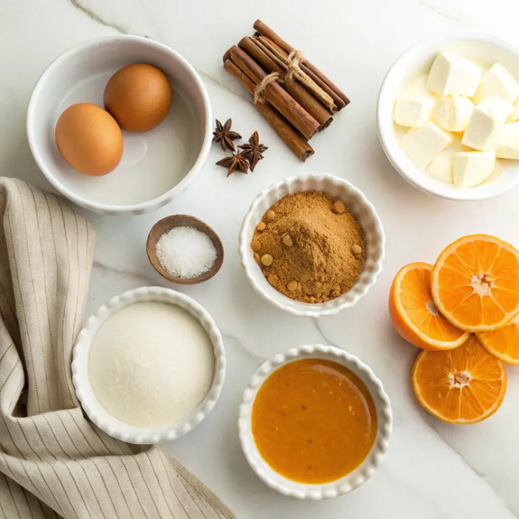 Silky Pumpkin Flan - Creamy Caramel Autumn Bakery Custard 6 Pumpkin puree, eggs, milk, cream, sugar, vanilla, cinnamon, and nutmeg arranged for homemade pumpkin flan.