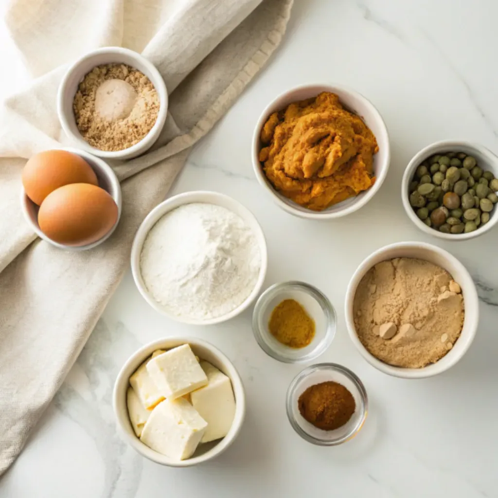 Pumpkin Zucchini Bread - Ultra Moist Autumn Quick Bread 6 Pumpkin puree, grated zucchini, flour, eggs, brown sugar, butter, cinnamon, nutmeg, cloves, baking powder, vanilla, and pumpkin seeds arranged for making pumpkin zucchini bread.