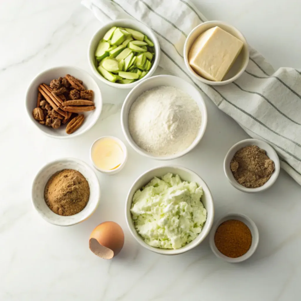 Grated zucchini, flour, cinnamon, nutmeg, butter, cream cheese, powdered sugar, eggs, vanilla, baking powder, pecans, and salt arranged for making zucchini spice cake.