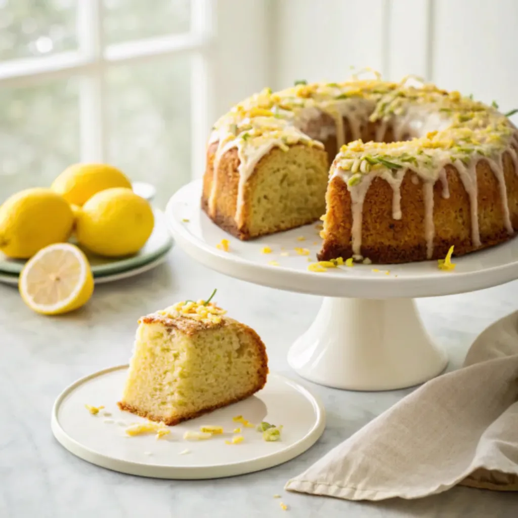 Home 6 Homemade lemon zucchini cake with lemon glaze and fresh lemon slices on a cake stand.