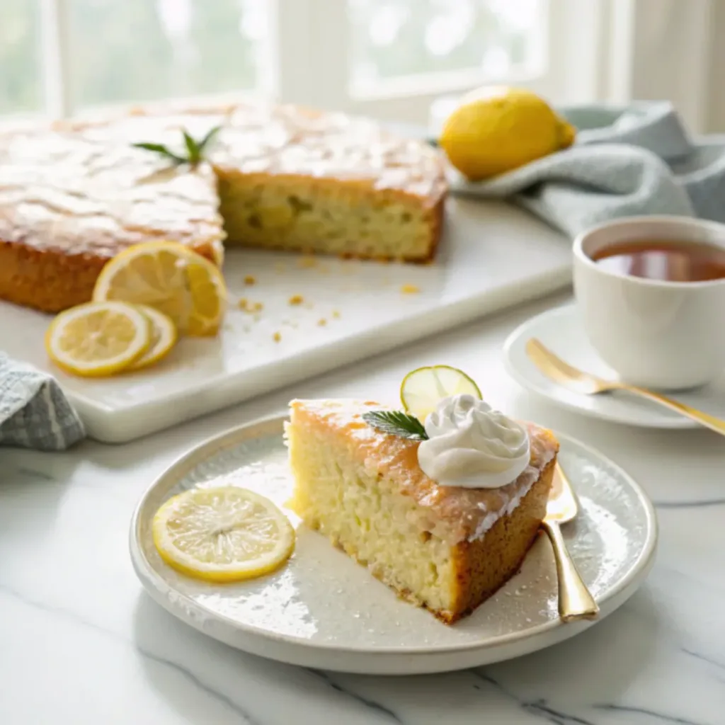 Lemon Zucchini Cake - Ultra Moist and Bright Summer Dessert 8 Slice of lemon zucchini cake served with fresh lemon slices and a cup of hot tea.