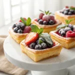 Homemade mixed berry puff pastry tarts topped with fresh strawberries, blueberries, raspberries, and blackberries on a serving platter.