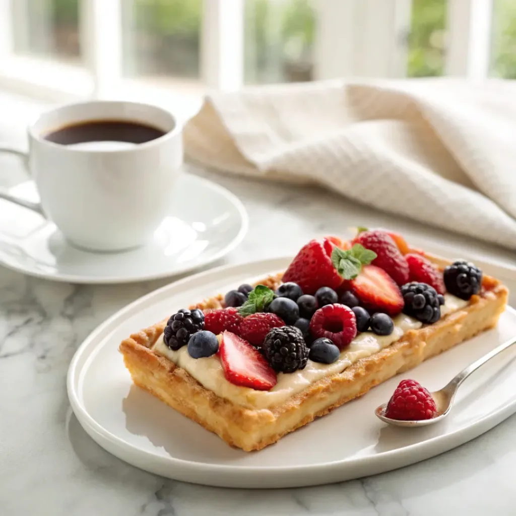 Mixed berry puff pastry tart served with fresh berries and a cup of coffee.