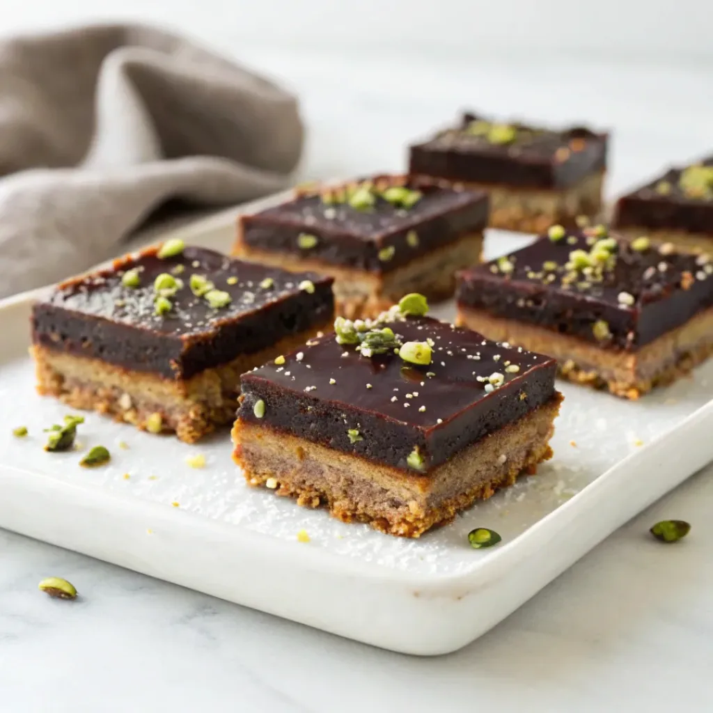 Home 6 Homemade no-bake chocolate fig bars with a rich chocolate layer and chewy fig filling on a serving plate.