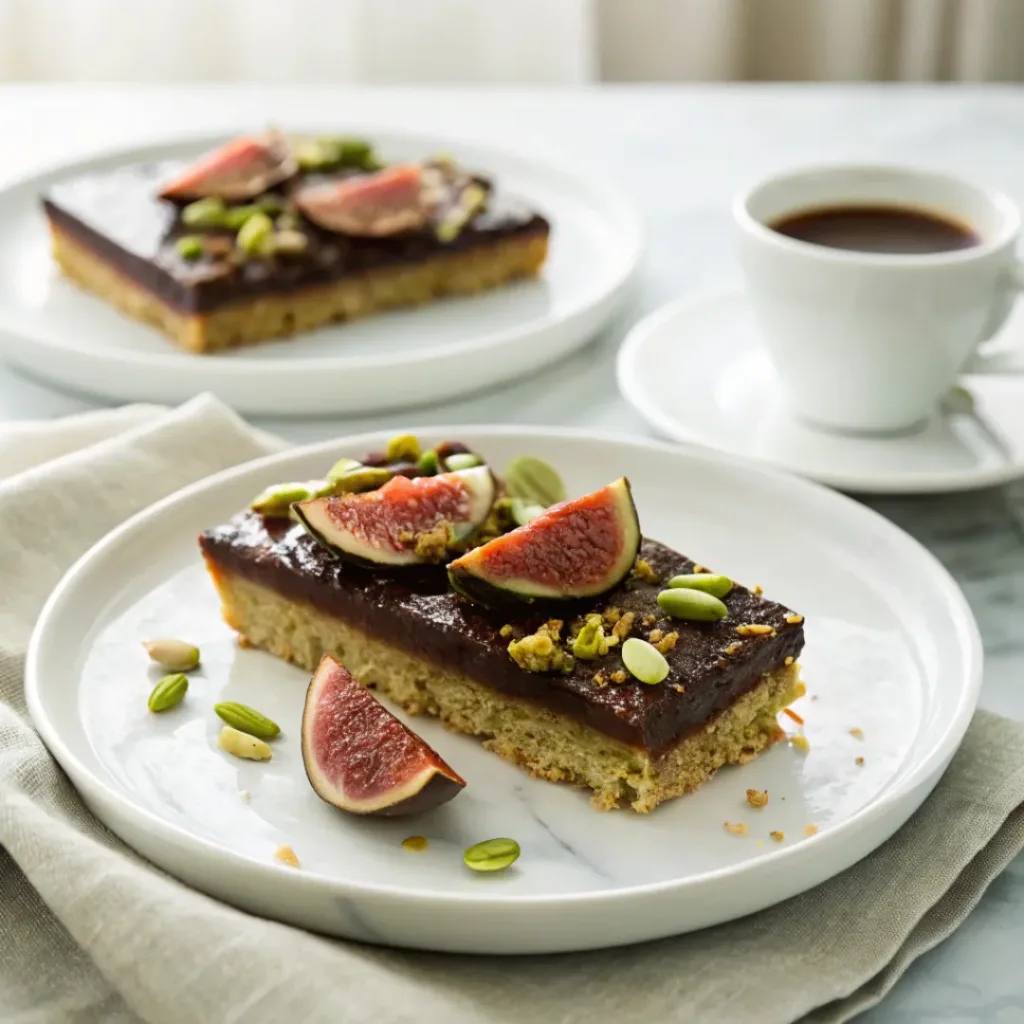 No-bake Chocolate Fig Bars - Decadently Rich and Easy Vegan Squares 8 No-bake chocolate fig bars served with fresh figs and a cup of espresso.