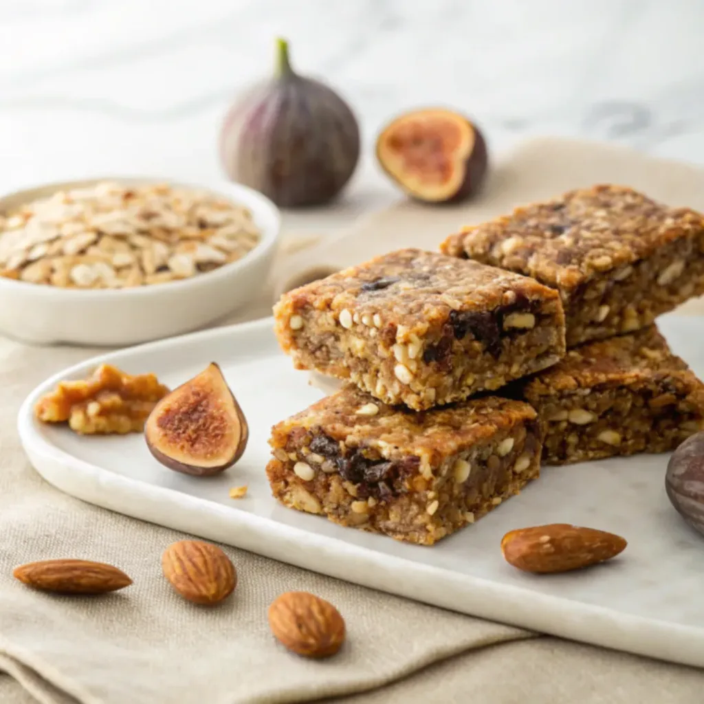 Home 7 Homemade no-bake fig energy bars made with oats, nuts, and dried figs on a serving plate.