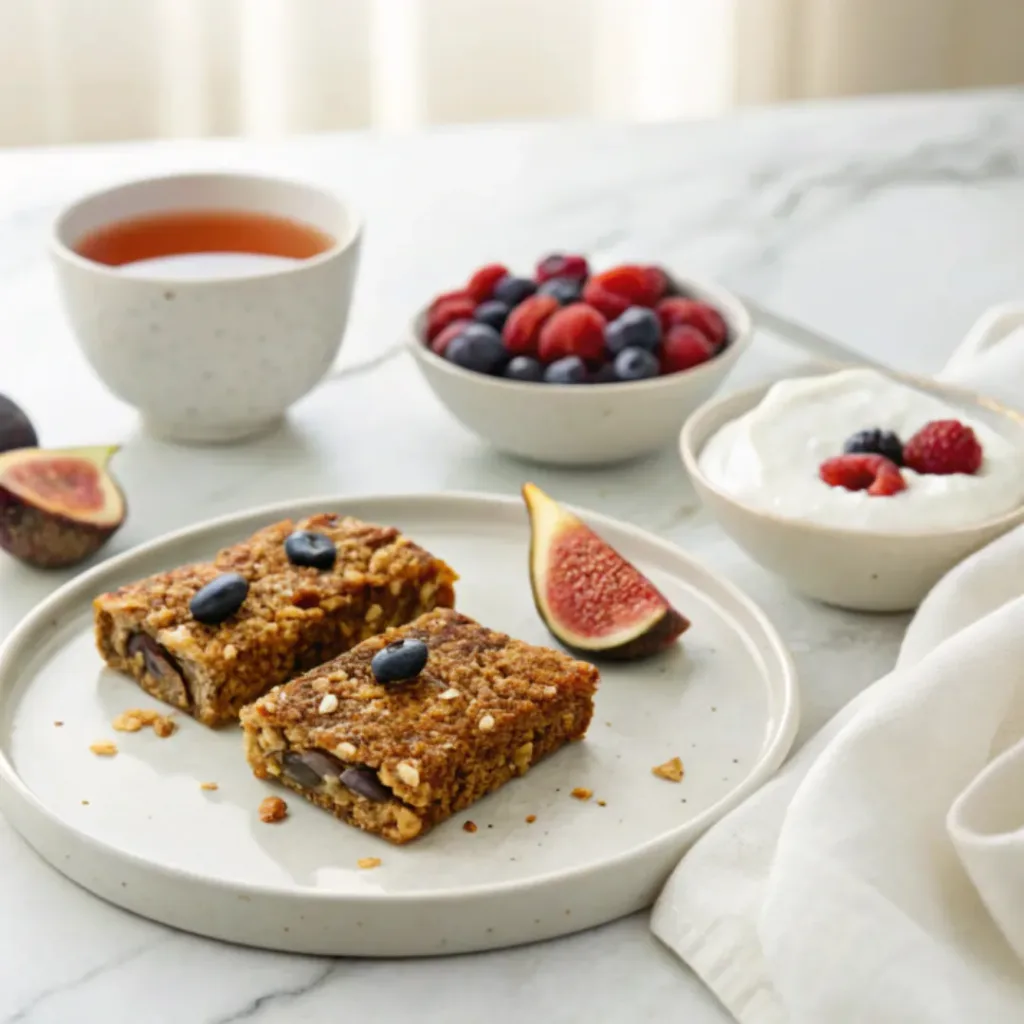 No-bake fig energy bars served with Greek yogurt, fresh fruit, and herbal tea.