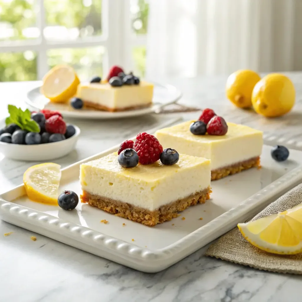 No-bake lemon cheesecake bars served with fresh blueberries, raspberries, and a cup of hot tea.