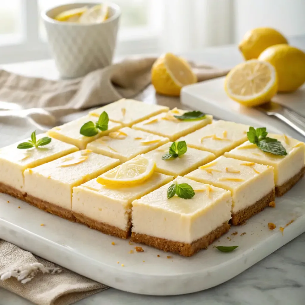 Creamy no-bake lemon cheesecake bars with a buttery graham cracker crust topped with lemon zest and fresh lemon slices.