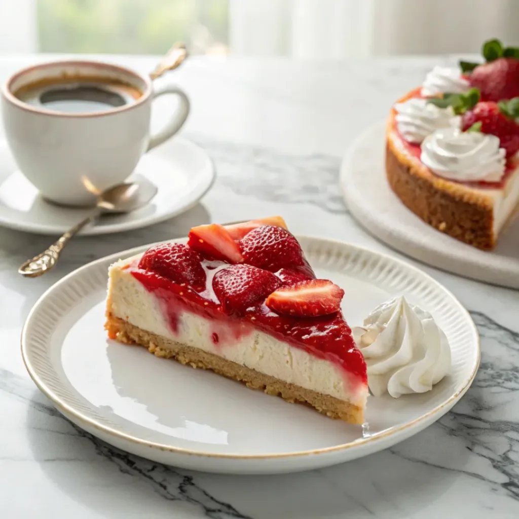 Slice of no-bake strawberry cheesecake served with fresh strawberries, whipped cream, and a cup of coffee.