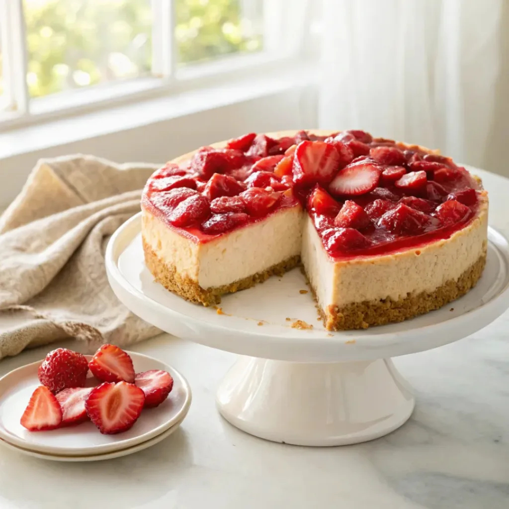Creamy no-bake strawberry cheesecake with fresh strawberries and glossy strawberry topping on a graham cracker crust.