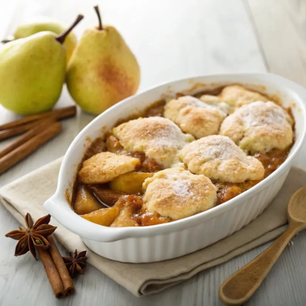 Home 9 Homemade pear cobbler with a golden biscuit topping and tender cinnamon pears in a baking dish.