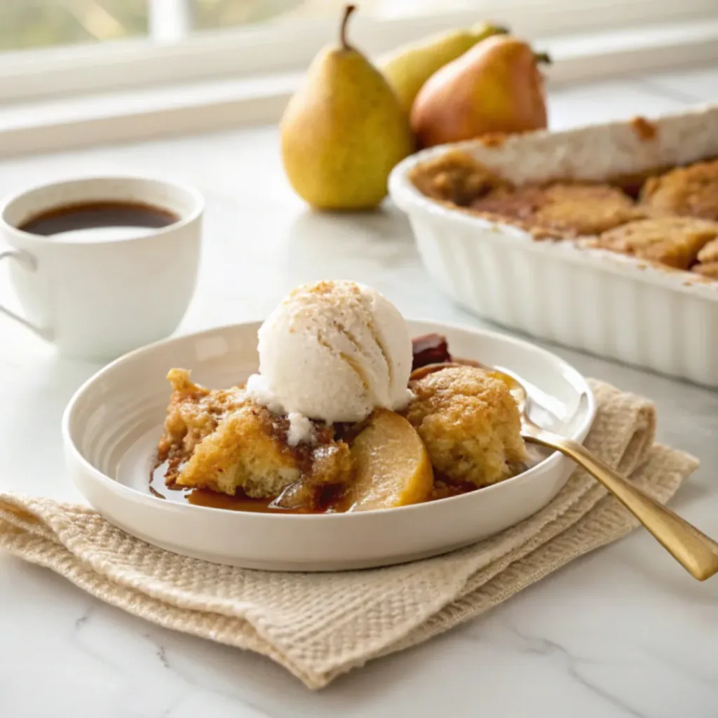 Pear Cobbler - Warm and Easy Old-Fashioned Autumn Dessert 8 Warm pear cobbler served with vanilla ice cream and caramel sauce.