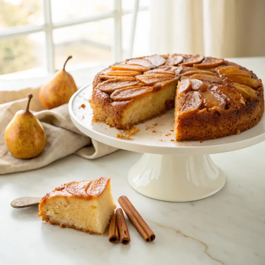 Home 7 Homemade pear upside down cake topped with caramelized pear slices on a white cake stand.