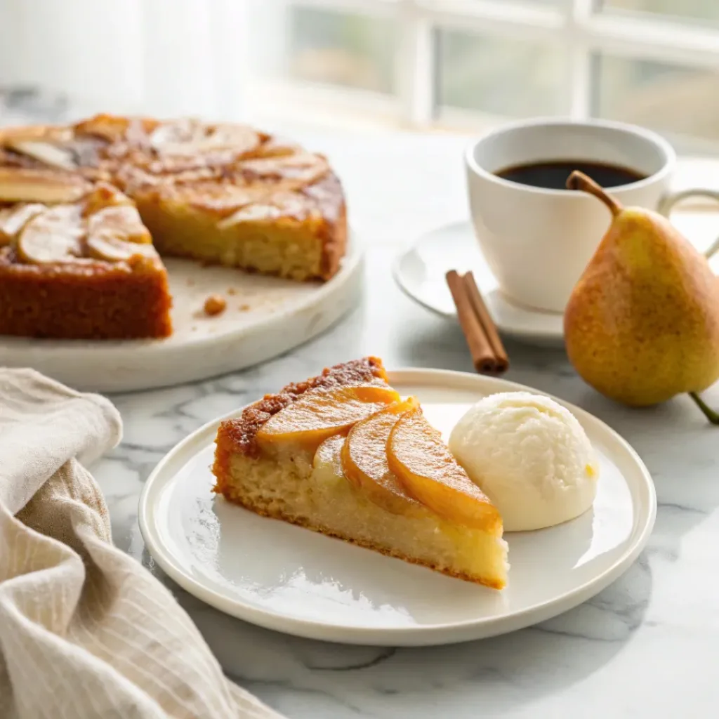Pear Upside Down Cake - Beautifully Sweet and Golden Autumn Dessert 8 Slice of pear upside down cake served with vanilla ice cream and a cup of coffee.
