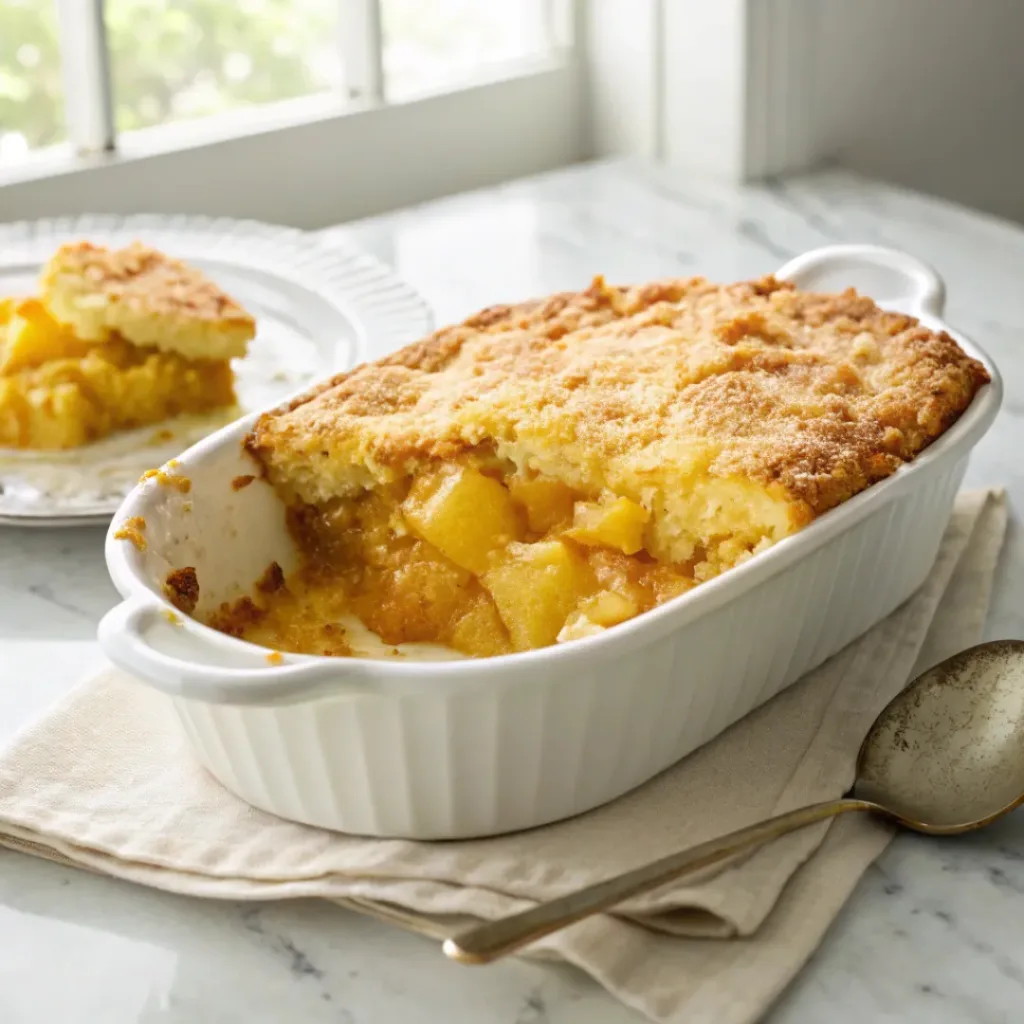 Homemade pineapple dump cake with a buttery golden topping served warm with juicy pineapple filling.
