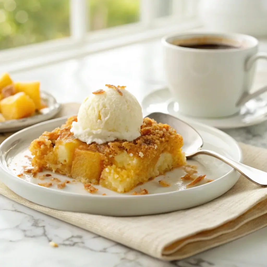Warm pineapple dump cake served with vanilla ice cream and fresh pineapple slices.