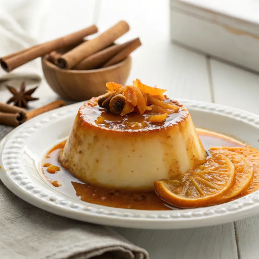 Home 6 Homemade pumpkin flan with creamy custard, golden caramel sauce, and warm pumpkin spices on a dessert plate.