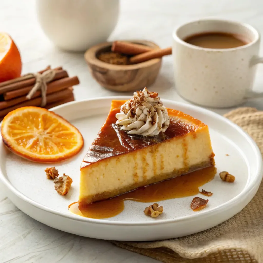 Silky Pumpkin Flan - Creamy Caramel Autumn Bakery Custard 8 Creamy pumpkin flan served with whipped cream, caramel sauce, cinnamon, and toasted pecans.