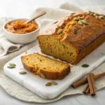 Homemade pumpkin zucchini bread with warm spices and a moist crumb on a wooden serving board.