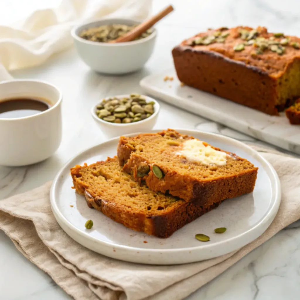 Pumpkin Zucchini Bread - Ultra Moist Autumn Quick Bread 8 Slice of pumpkin zucchini bread served with maple butter and a cup of coffee.