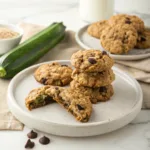 Homemade zucchini oatmeal chocolate chip cookies with melted chocolate chips and chewy texture on a serving plate.