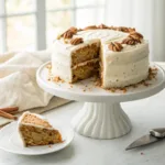 Homemade zucchini spice cake with cream cheese frosting and a sprinkle of cinnamon on a cake stand.