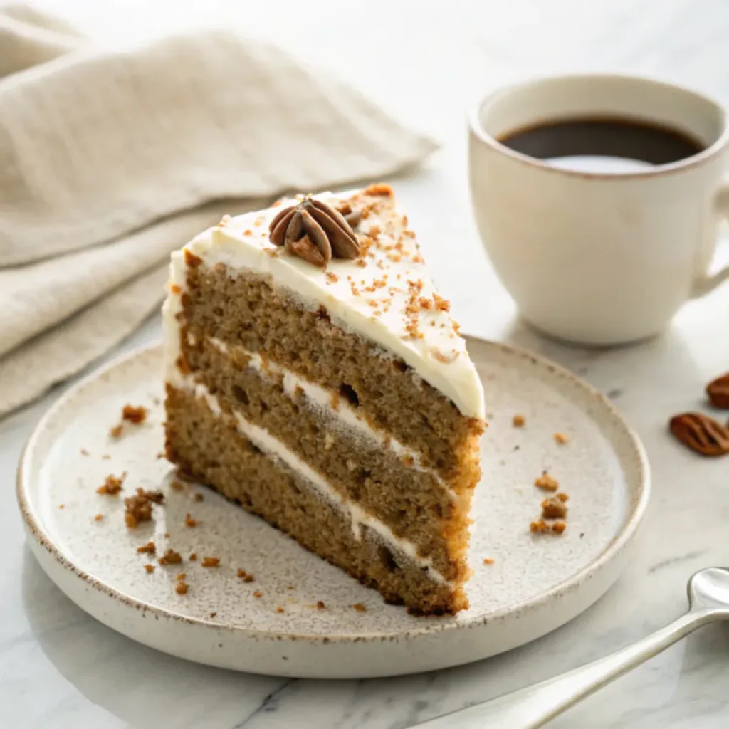 Slice of zucchini spice cake with cream cheese frosting served with coffee and toasted pecans.