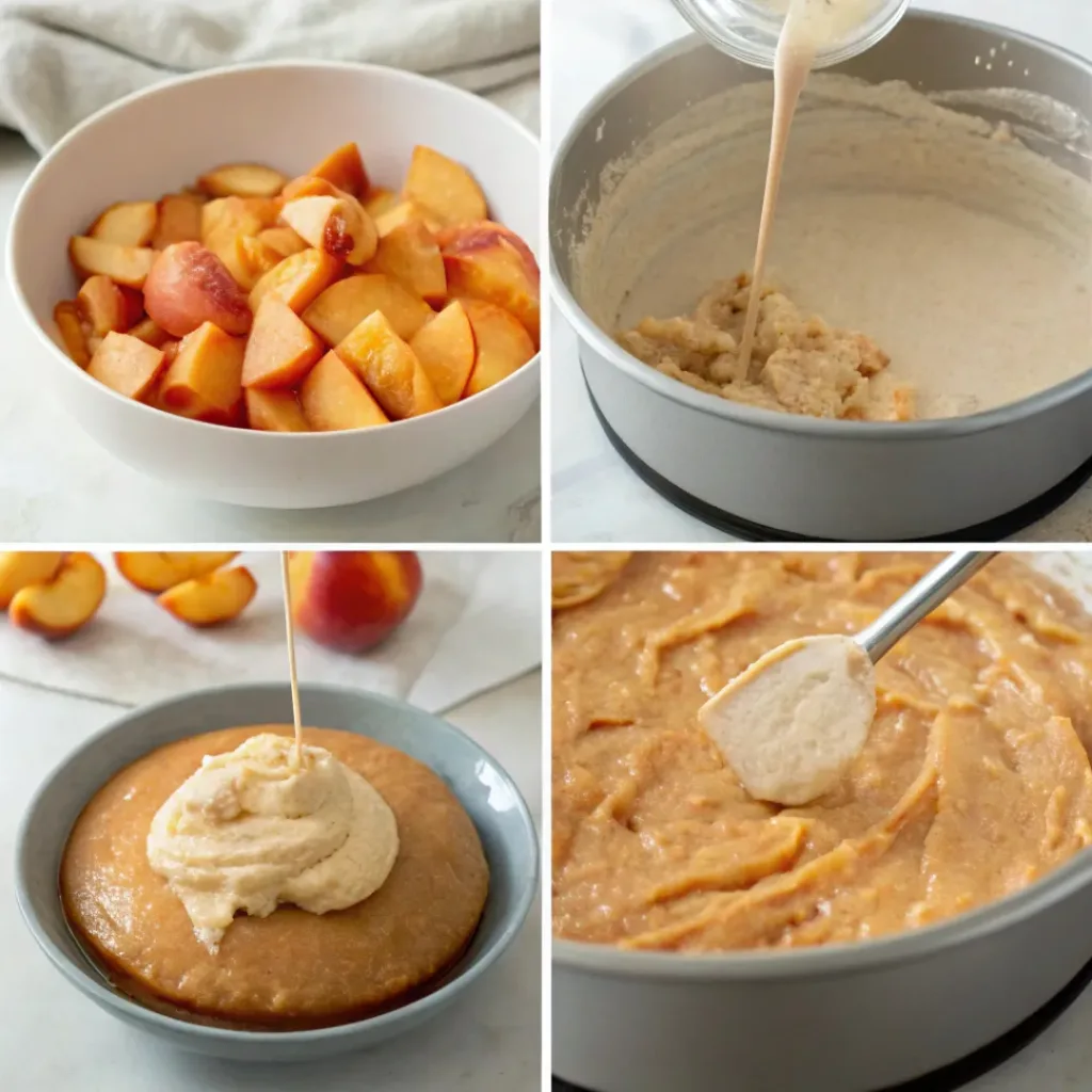 Brown Sugar Peach Cake - Moist and Ready Fast 7 Step-by-step collage showing mixing the batter, folding in peaches, baking the cake, and glazing with brown sugar icing.