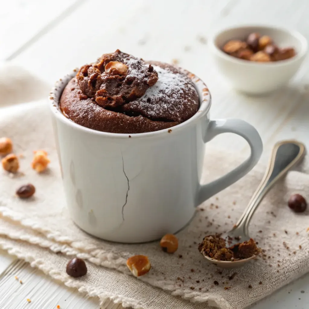 Warm 3-ingredient Nutella mug cake with a soft chocolate center in a white ceramic mug.
