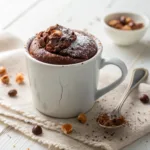 Warm 3-ingredient Nutella mug cake with a soft chocolate center in a white ceramic mug.