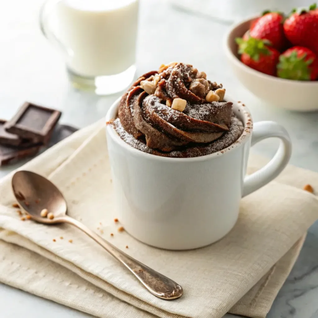 Nutella Mug Cake - Fast 3-Ingredient Microwave Dessert 8 Warm Nutella mug cake served with a glass of cold milk and fresh strawberries.