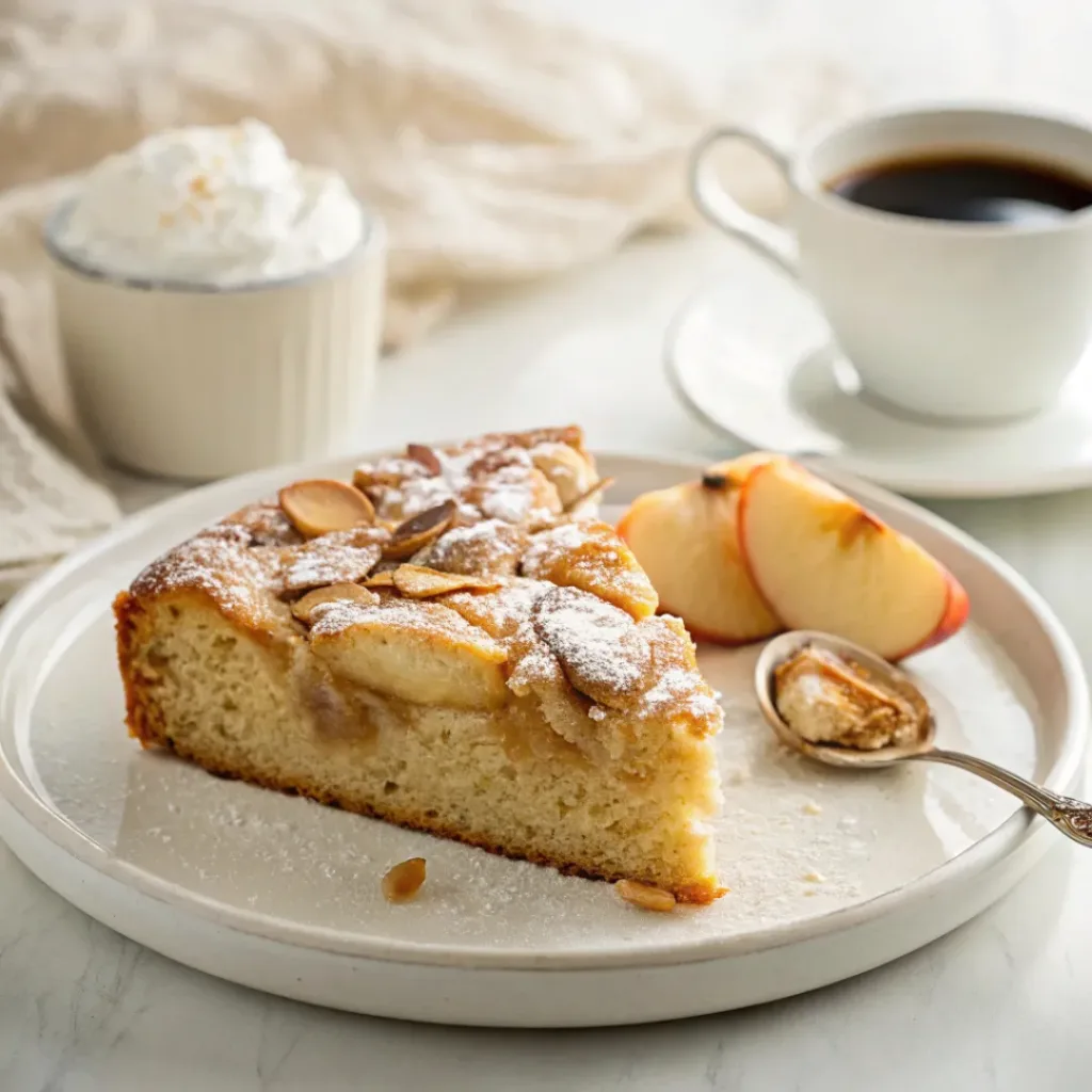 Apple Cake with Almond Flour - Moist Tender Autumn Dessert 8 Slice of almond flour apple cake served with coffee, whipped cream, cinnamon, and toasted almonds.
