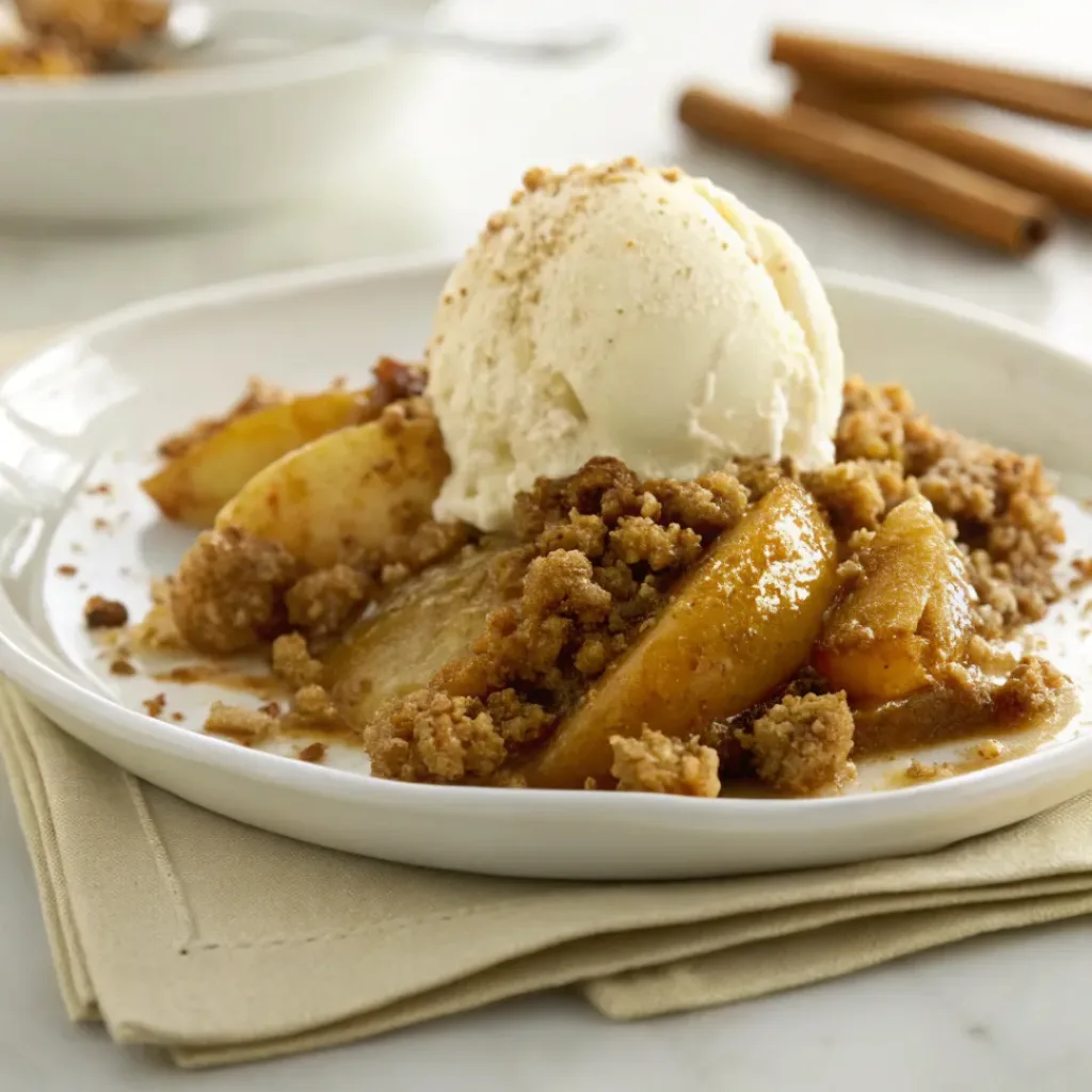 Warm Apple Betty topped with vanilla ice cream, cinnamon apples, and a golden buttery crumb topping.