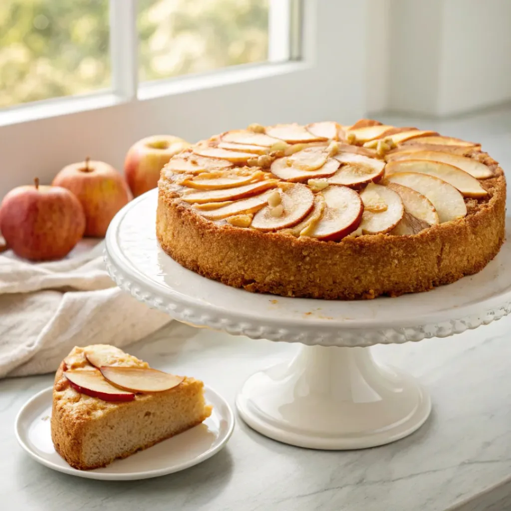 Moist almond flour apple cake topped with thin caramelized apples, cinnamon, and sliced almonds.