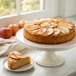 Moist almond flour apple cake topped with thin caramelized apples, cinnamon, and sliced almonds.