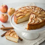 Homemade apple cinnamon cake topped with fresh apples and cinnamon sugar on a cake stand.