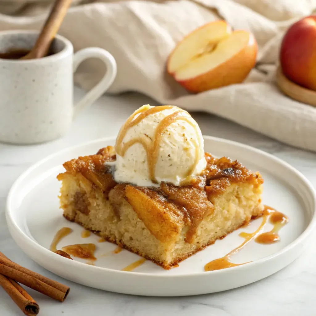 Apple Cinnamon Cake - Soft Tender Spiced Autumn Treat 8 Slice of apple cinnamon cake served with vanilla ice cream and hot coffee.
