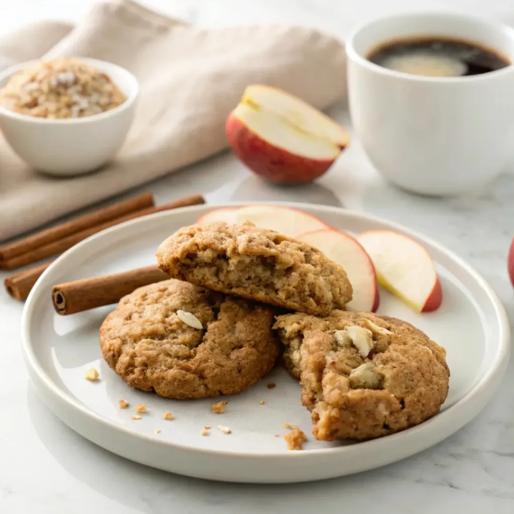 Apple Cinnamon Oatmeal Cookies - Chewy Glazed Autumn Bakery Treats 8 Soft apple cinnamon oatmeal cookies served with coffee, fresh apple slices, cinnamon, and rolled oats.