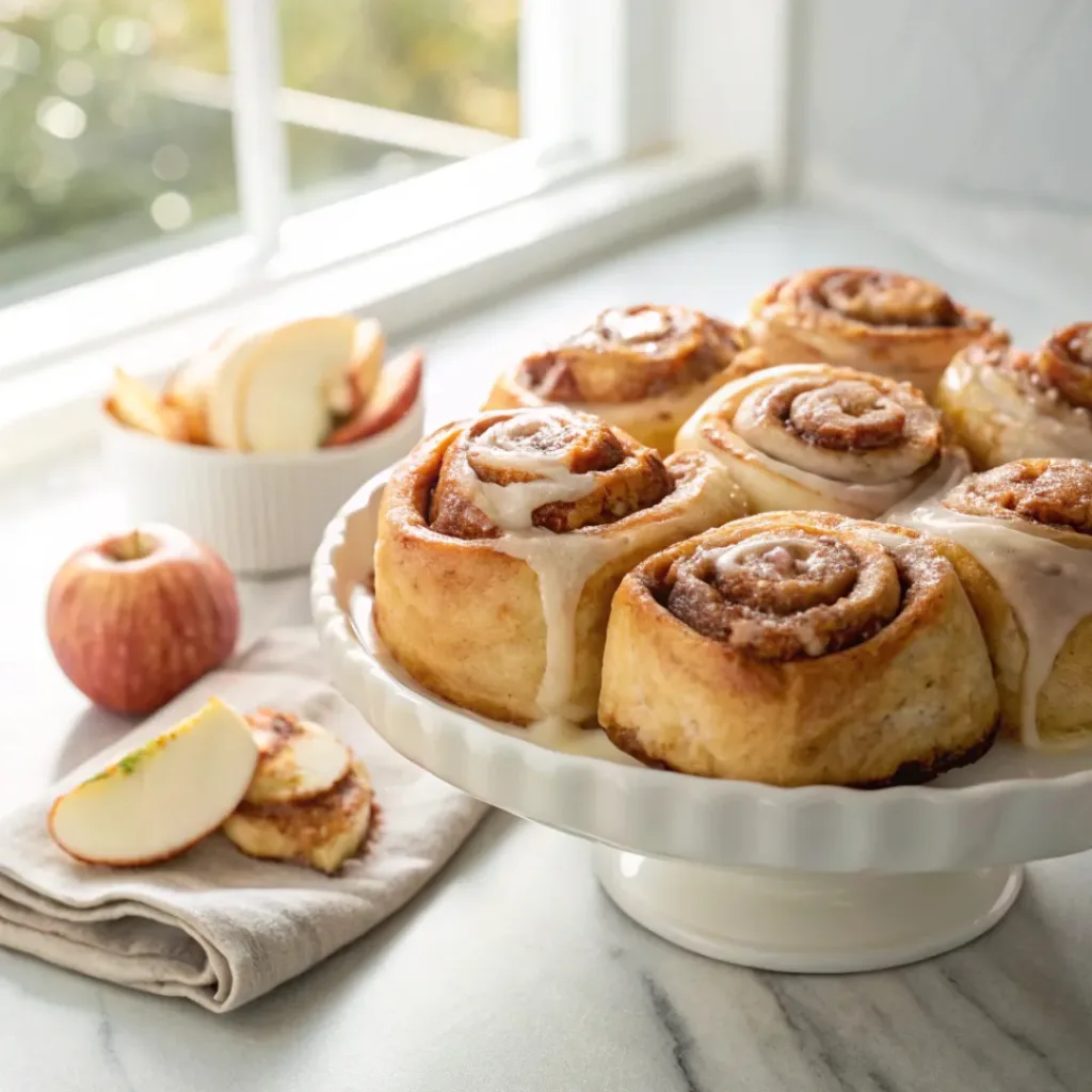 Home 7 Homemade apple cinnamon rolls with caramelized apples, cinnamon filling, and creamy glaze on a serving platter.
