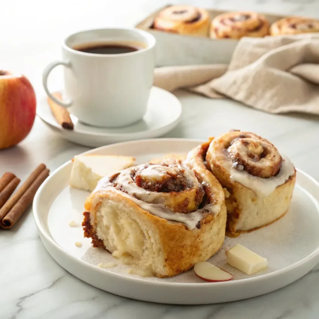 Apple Cinnamon Rolls - Soft Gooey Autumn Bakery Bakes 8 Warm apple cinnamon rolls with cream cheese glaze served with hot coffee and fresh apple slices.
