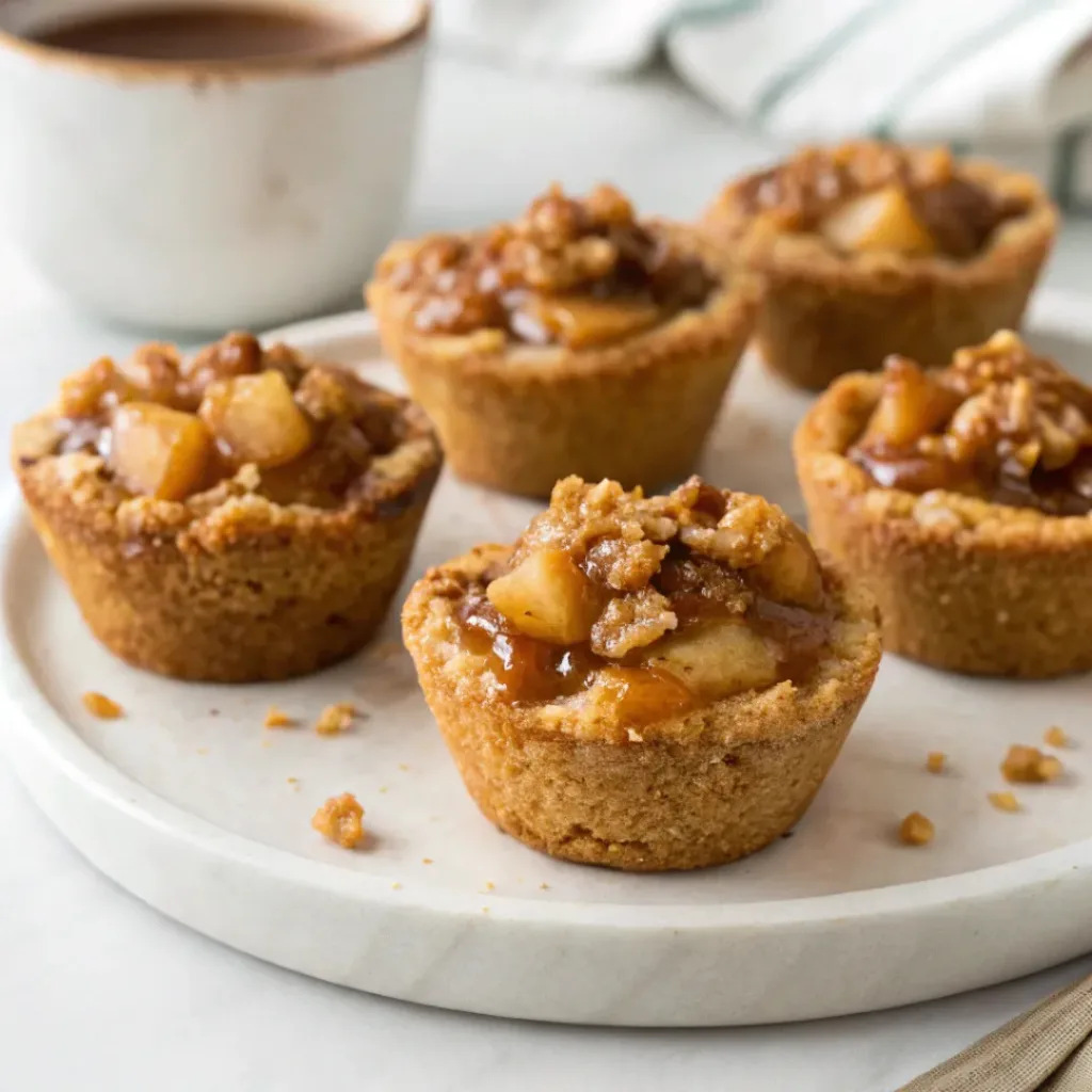 Homemade apple crisp cookie cups filled with cinnamon apples and topped with buttery oat crumble.