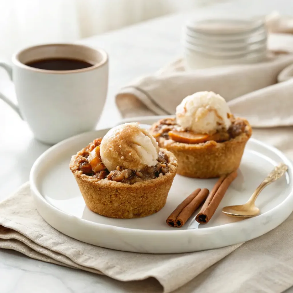 Apple Crisp Cookie Cups - Easy Chewy Autumn Treat 8 Apple crisp cookie cups served with vanilla ice cream and hot coffee.