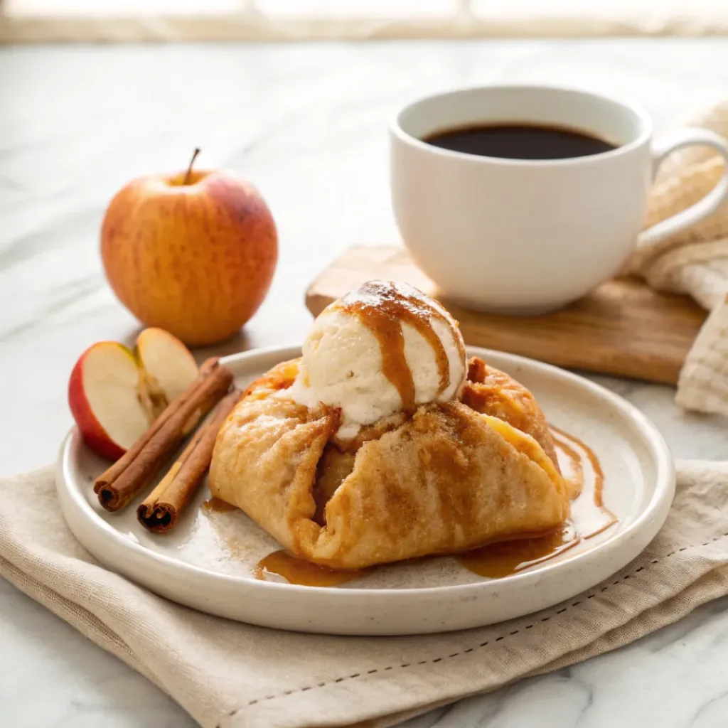 Apple Dumplings - Easy Old-Fashioned Comfort Treat 8 Warm apple dumplings served with vanilla ice cream and cinnamon syrup.