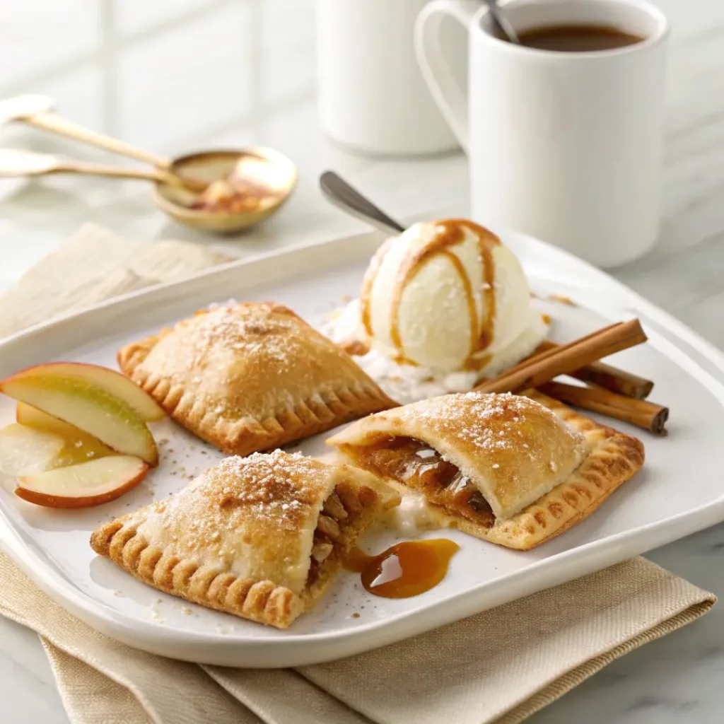 Apple Hand Pies - Flaky Golden Pocket Bakery Treats 8 Warm apple hand pies served with vanilla ice cream, caramel sauce, fresh apples, and cinnamon.