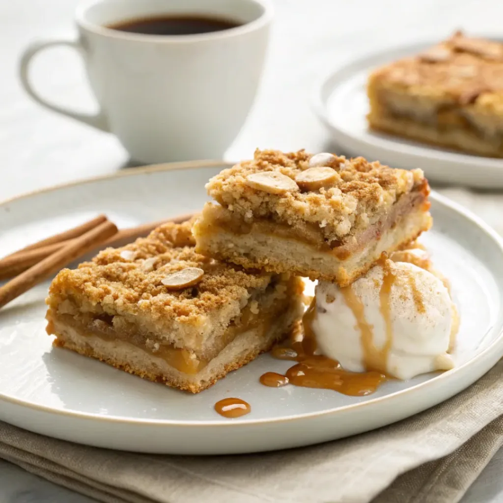 Apple Crumble Oatmeal Bars - Chewy Spiced Autumn Bakery Squares 8 Warm apple oatmeal crumb bars served with vanilla ice cream, cinnamon, caramel sauce, and fresh apple slices.